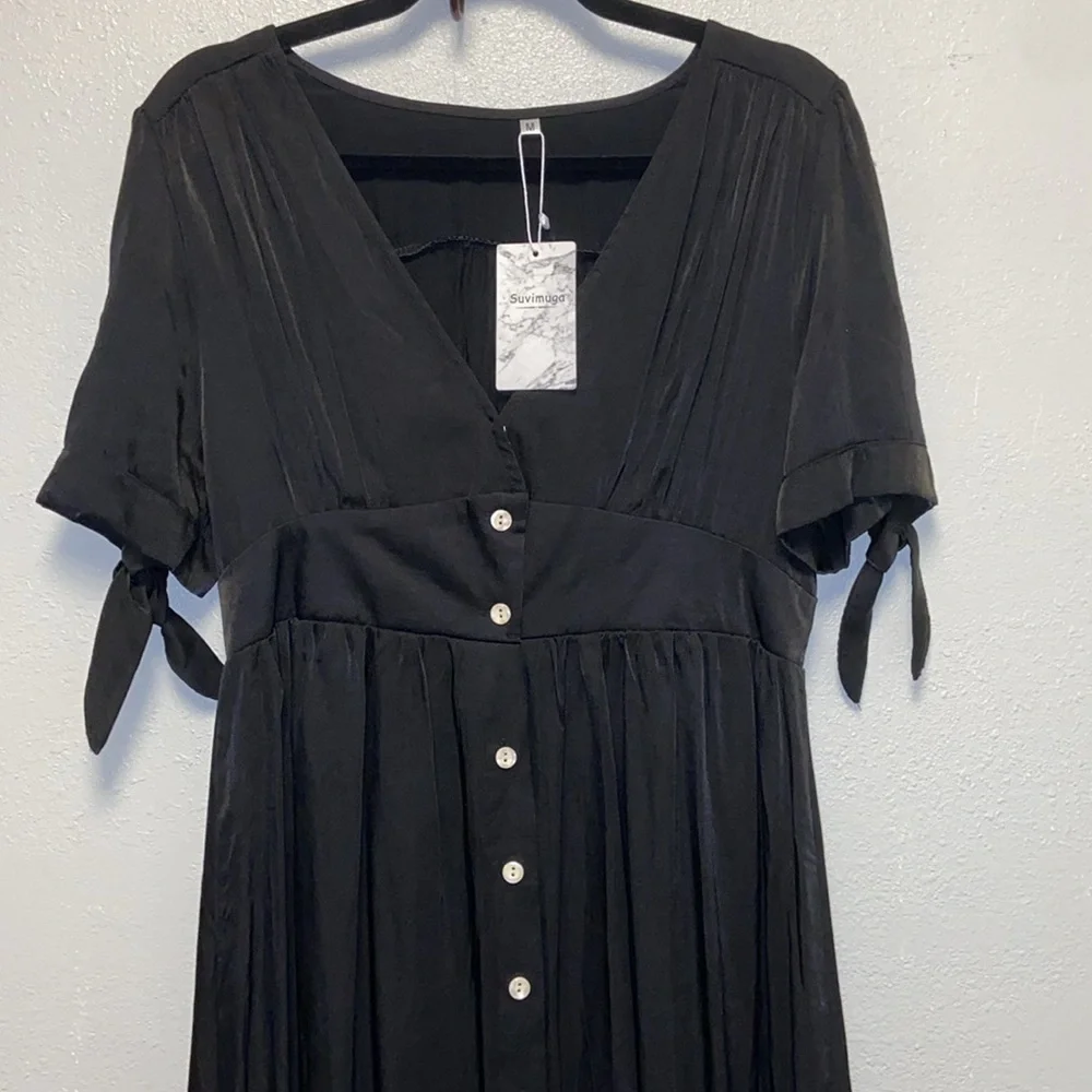 Surimiga Black Plunging V-neck Button-down Cottagecore Button Maxi Dress 3270 - Picture 3 of 12